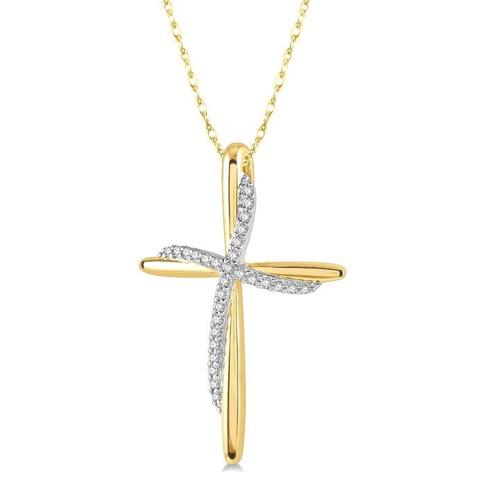 1/10 Ctw Round Cut Diamond Draped Cross Charm Pendant With Chain in 10K Yellow Gold