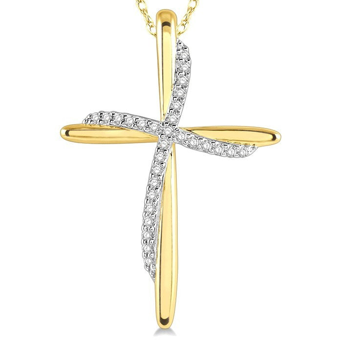 1/10 Ctw Round Cut Diamond Draped Cross Charm Pendant With Chain in 10K Yellow Gold