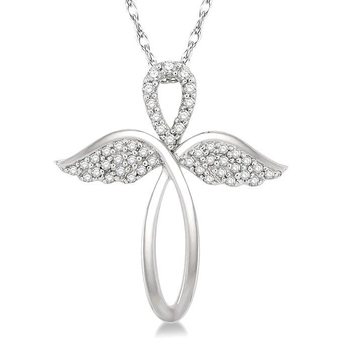 1/6 Ctw Angel Wing Round Cut Diamond Cross Pendant With Chain in 10K White Gold