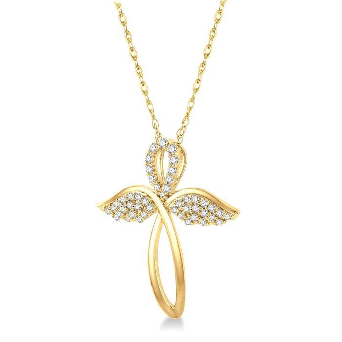 Aeravine Angel Wing Diamond Cross Pendant in 10K Yellow Gold