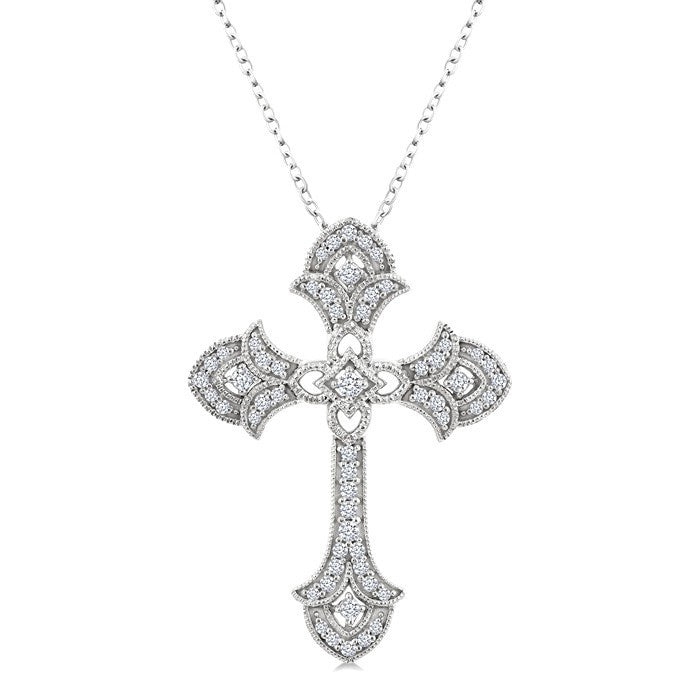 1/4 Ctw Cross Round Cut Diamond Fashion Pendant With Chain in 14K White Gold