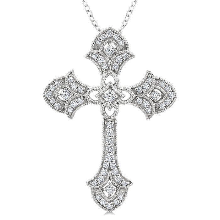 1/4 Ctw Cross Round Cut Diamond Fashion Pendant With Chain in 14K White Gold