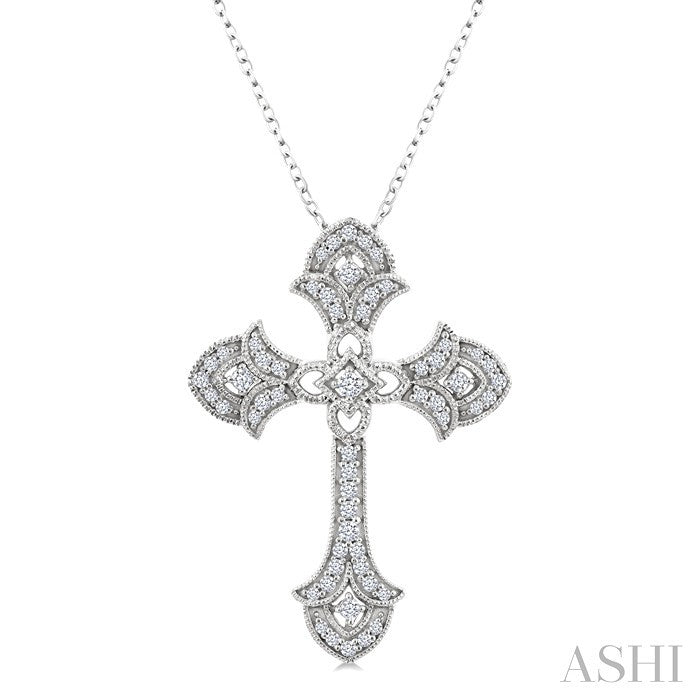 1/4 Ctw Cross Round Cut Diamond Fashion Pendant With Chain in 14K White Gold