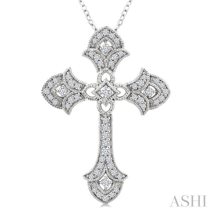 1/4 Ctw Cross Round Cut Diamond Fashion Pendant With Chain in 14K White Gold