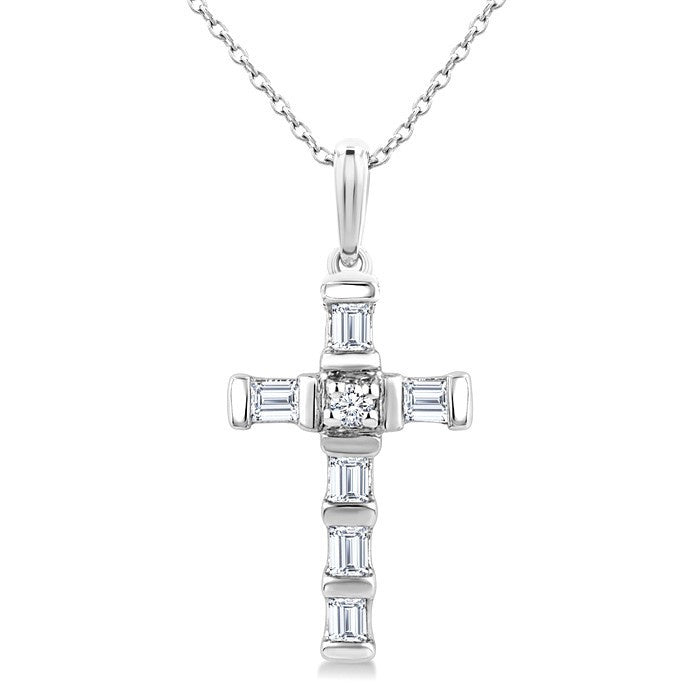 1/20 Ctw Baguette and Round Cut Diamond Cross Shape Fashion Pendant With Chain in 10K White Gold