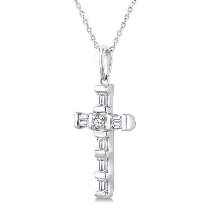 1/20 Ctw Baguette and Round Cut Diamond Cross Shape Fashion Pendant With Chain in 10K White Gold