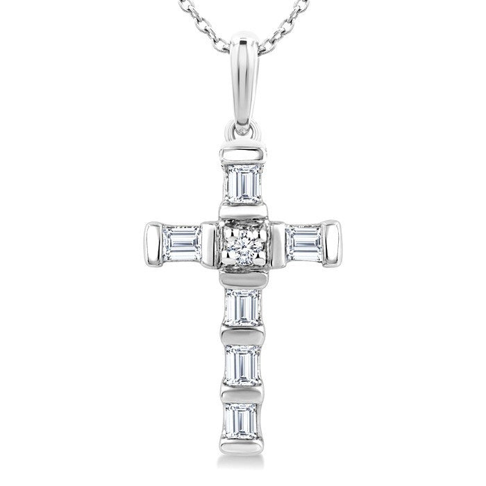 1/20 Ctw Baguette and Round Cut Diamond Cross Shape Fashion Pendant With Chain in 10K White Gold