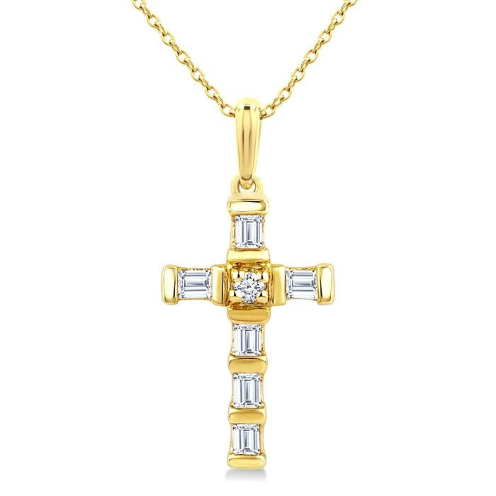1/20 Ctw Baguette and Round Cut Diamond  Cross Shape Fashion Pendant With Chain in 10K Yellow Gold