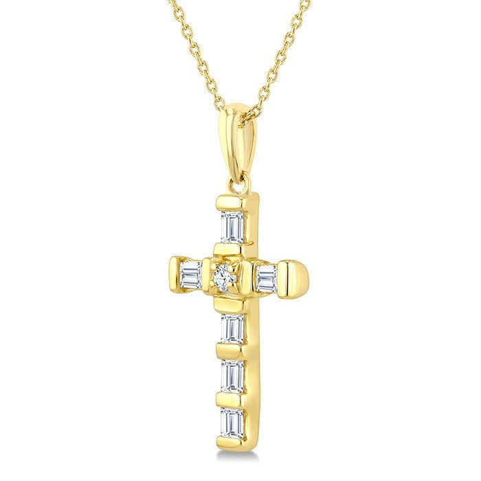 1/20 Ctw Baguette and Round Cut Diamond  Cross Shape Fashion Pendant With Chain in 10K Yellow Gold