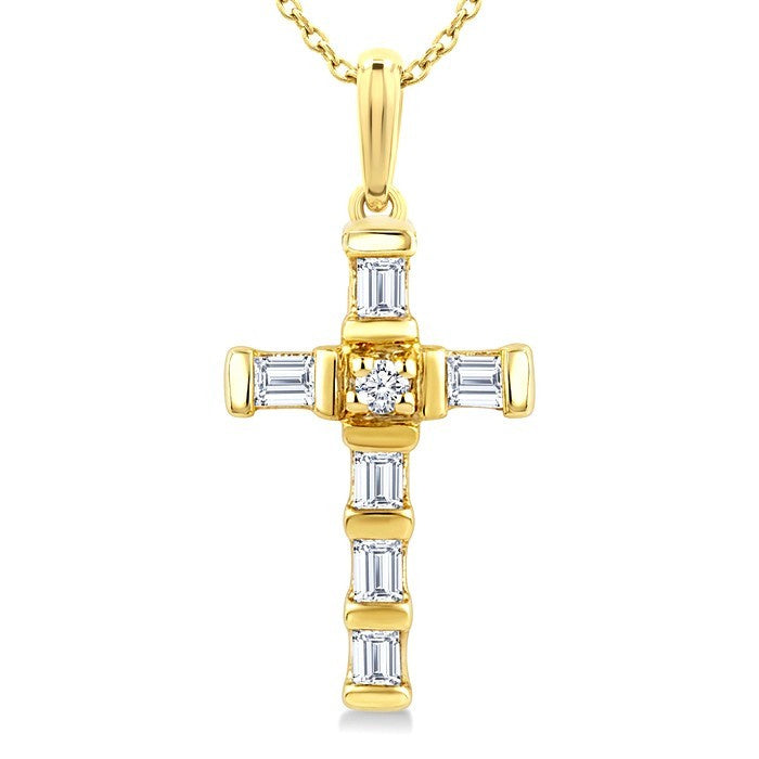 1/20 Ctw Baguette and Round Cut Diamond  Cross Shape Fashion Pendant With Chain in 10K Yellow Gold