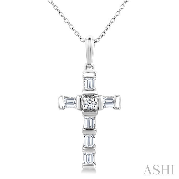 1/20 Ctw Baguette and Round Cut Diamond Cross Shape Fashion Pendant With Chain in 10K White Gold