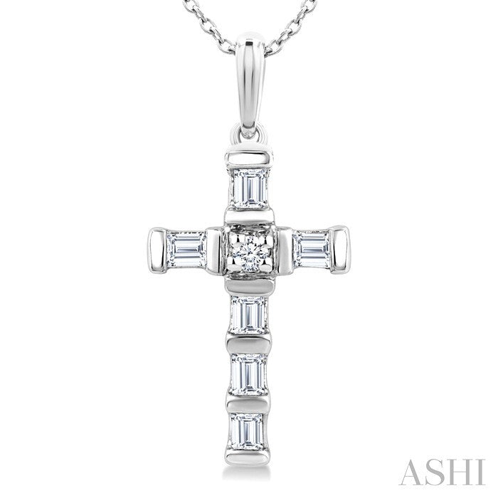 1/20 Ctw Baguette and Round Cut Diamond Cross Shape Fashion Pendant With Chain in 10K White Gold