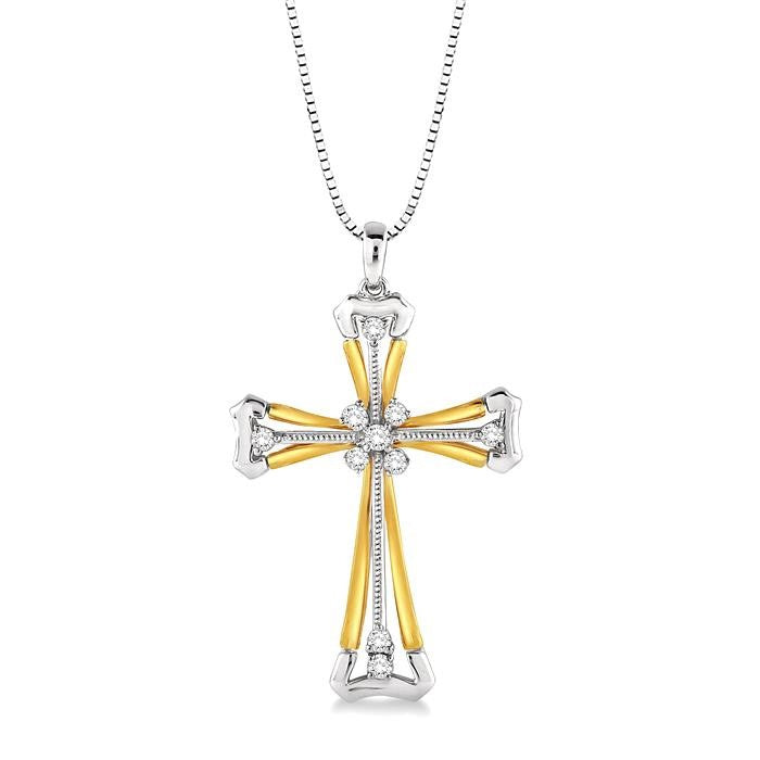 1/6 Ctw Round Cut Diamond Cross Pendant in 14K White and Yellow Gold with Chain