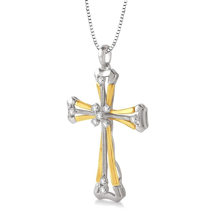 1/6 Ctw Round Cut Diamond Cross Pendant in 14K White and Yellow Gold with Chain