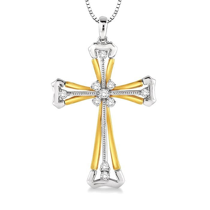 1/6 Ctw Round Cut Diamond Cross Pendant in 14K White and Yellow Gold with Chain