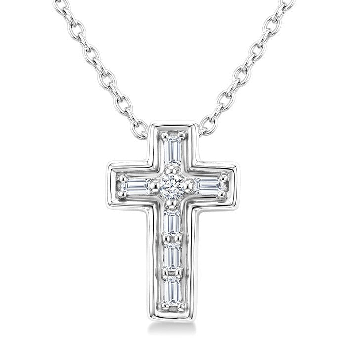 1/20 Ctw Baguette and Round Cut Diamond  Cross Shape Fashion Pendant With Chain in 10K White Gold
