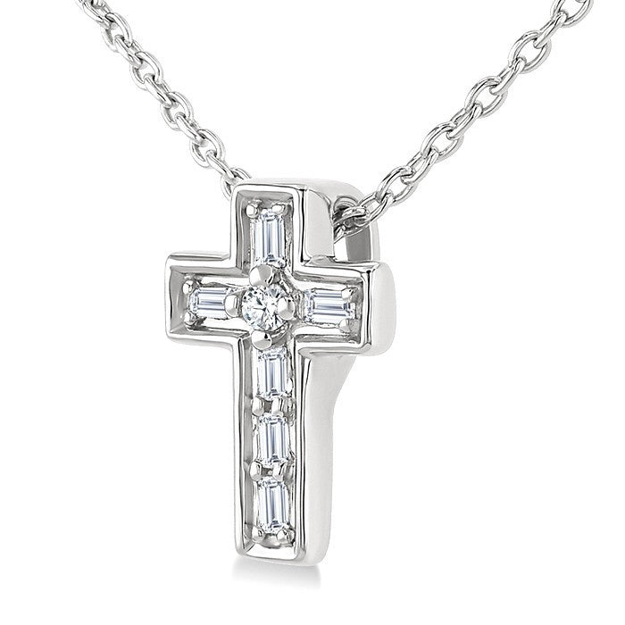 1/20 Ctw Baguette and Round Cut Diamond  Cross Shape Fashion Pendant With Chain in 10K White Gold