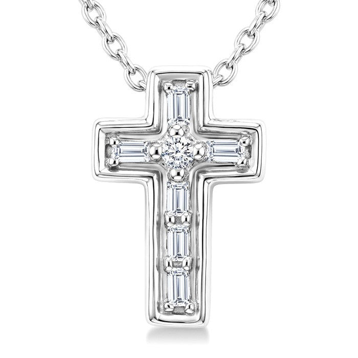 1/20 Ctw Baguette and Round Cut Diamond  Cross Shape Fashion Pendant With Chain in 10K White Gold