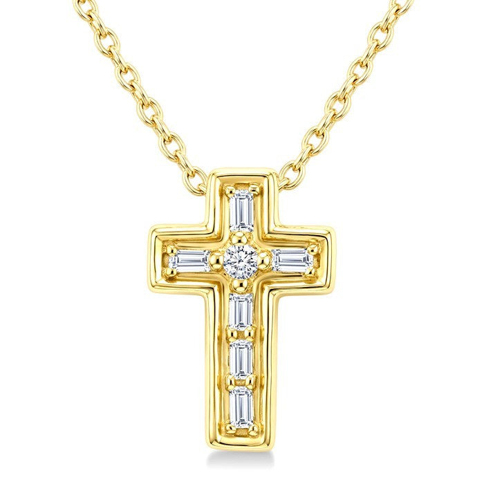 1/20 Ctw Baguette and Round Cut Diamond Cross Shape Fashion Pendant With Chain in 10K Yellow Gold