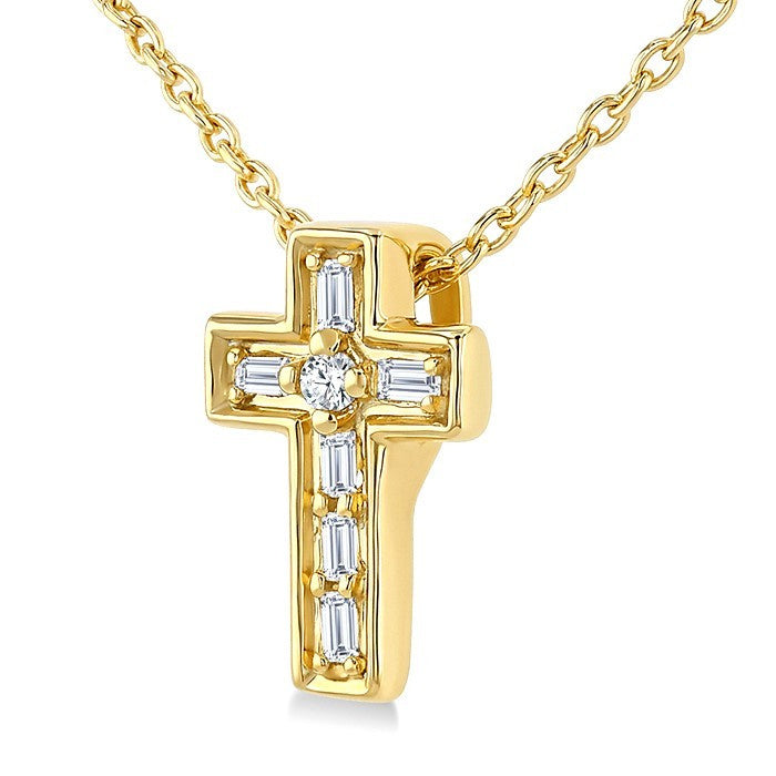 1/20 Ctw Baguette and Round Cut Diamond Cross Shape Fashion Pendant With Chain in 10K Yellow Gold