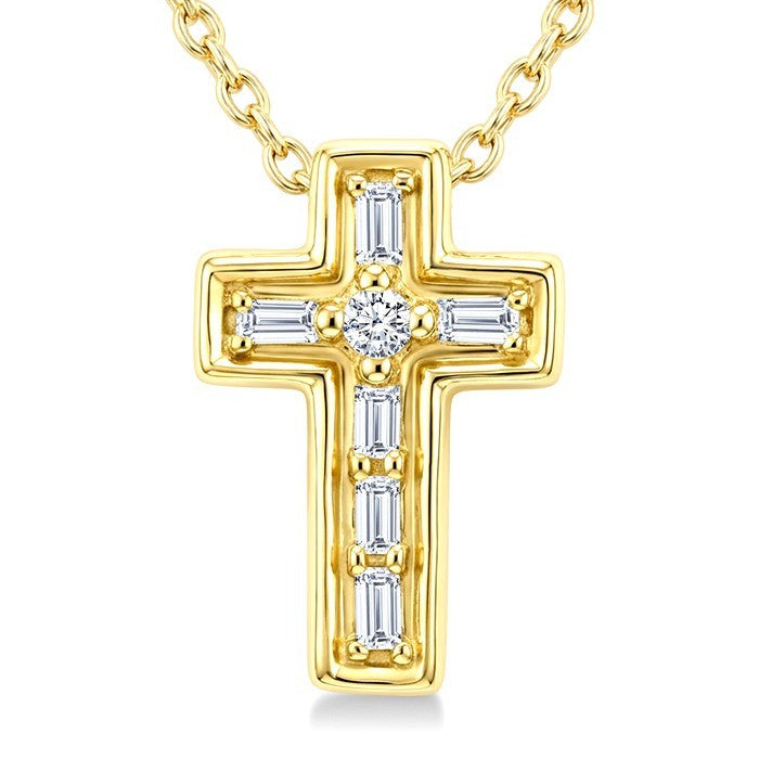1/20 Ctw Baguette and Round Cut Diamond Cross Shape Fashion Pendant With Chain in 10K Yellow Gold
