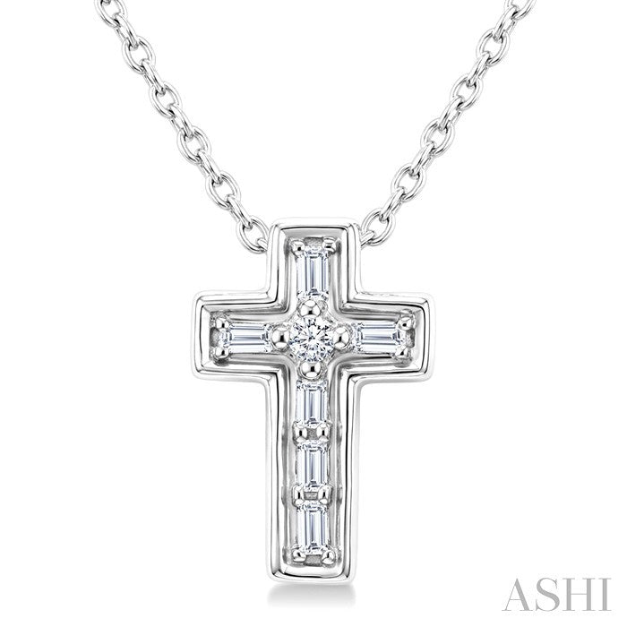 1/20 Ctw Baguette and Round Cut Diamond  Cross Shape Fashion Pendant With Chain in 10K White Gold
