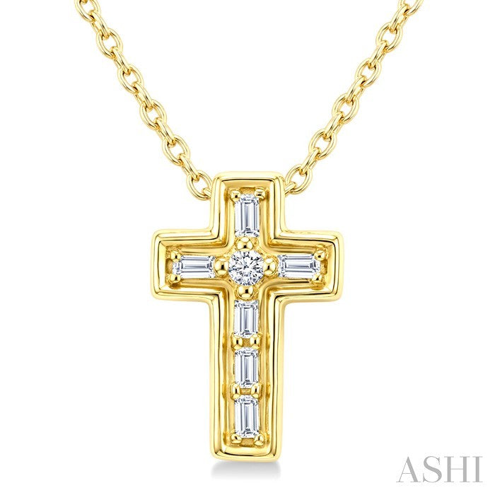 1/20 Ctw Baguette and Round Cut Diamond Cross Shape Fashion Pendant With Chain in 10K Yellow Gold