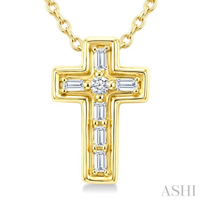 1/20 Ctw Baguette and Round Cut Diamond Cross Shape Fashion Pendant With Chain in 10K Yellow Gold