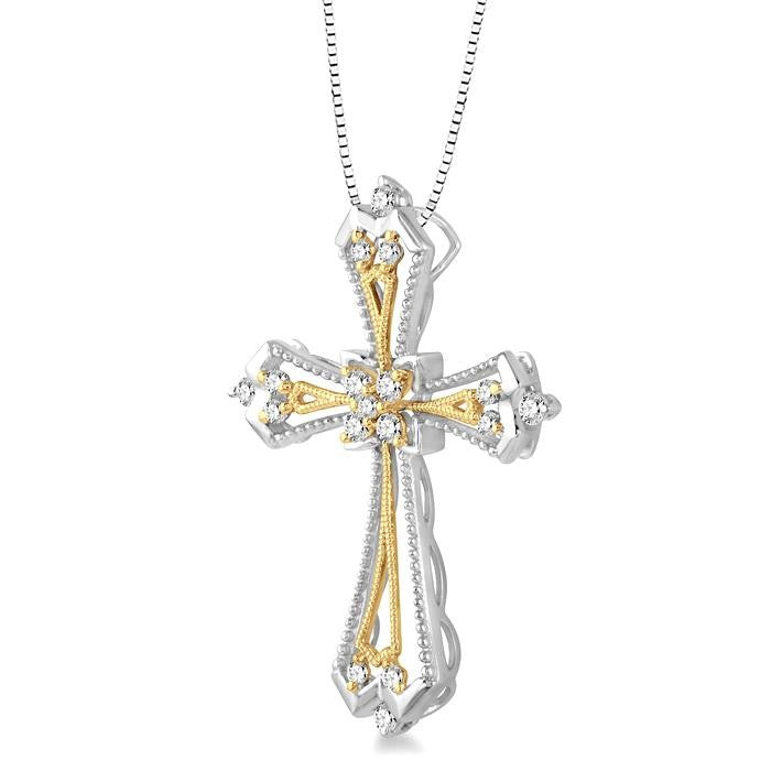 1/3 Ctw Round Cut Diamond Cross Pendant in 14K White and Yellow Gold with Chain