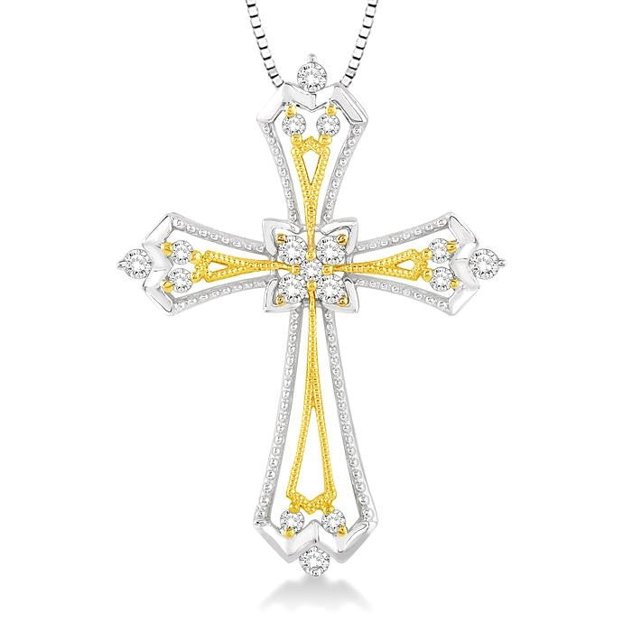 1/3 Ctw Round Cut Diamond Cross Pendant in 14K White and Yellow Gold with Chain