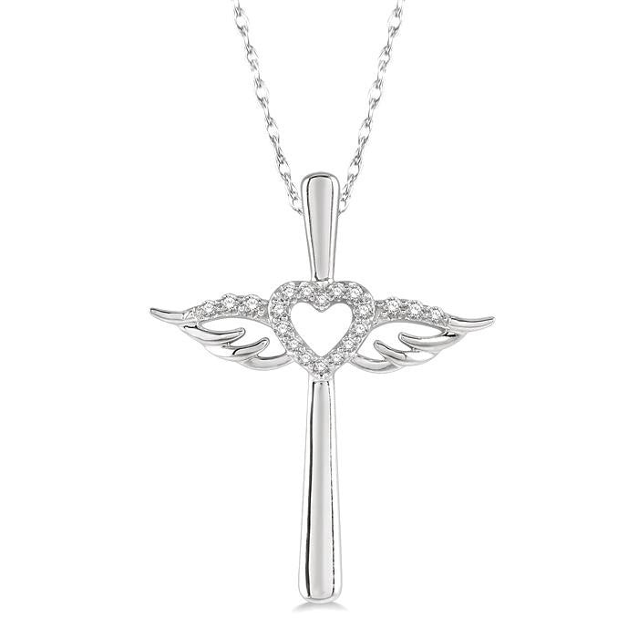 1/10 Ctw Angel Wing & Heart Round Cut Diamond Cross Pendant With Chain in 10K White Gold