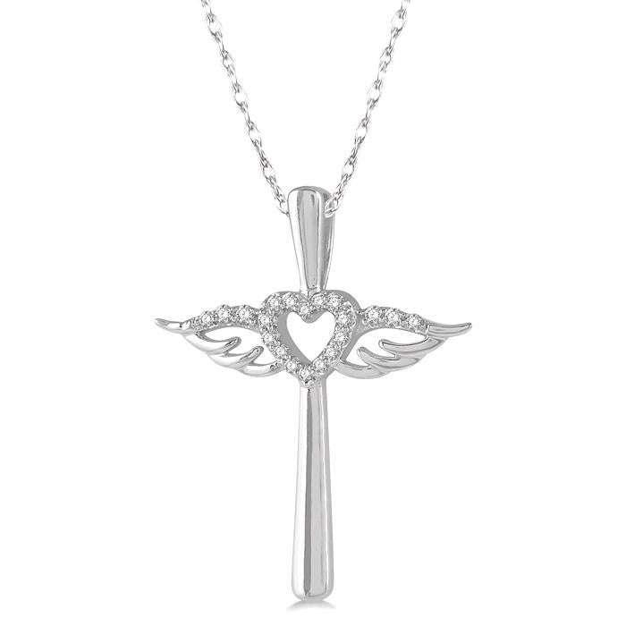 1/10 Ctw Angel Wing & Heart Round Cut Diamond Cross Pendant With Chain in 10K White Gold