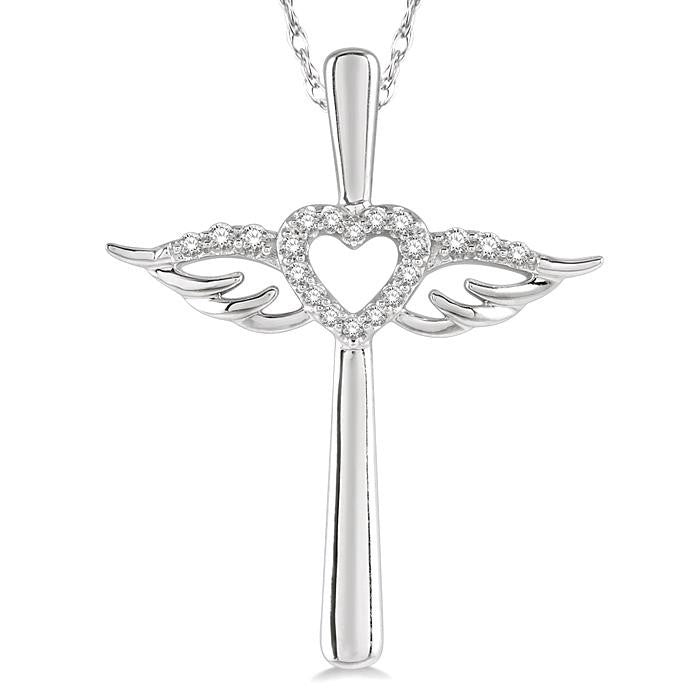 1/10 Ctw Angel Wing & Heart Round Cut Diamond Cross Pendant With Chain in 10K White Gold