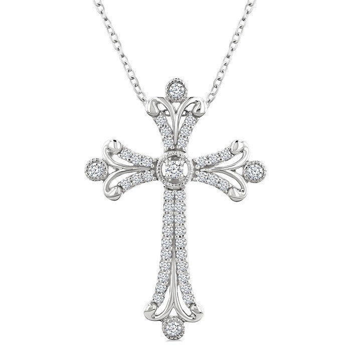 1/3 Ctw Cross Round Cut Diamond Fashion Pendant With Chain in 14K White Gold