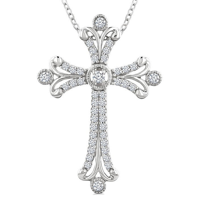 1/3 Ctw Cross Round Cut Diamond Fashion Pendant With Chain in 14K White Gold