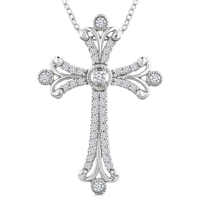 1/3 Ctw Cross Round Cut Diamond Fashion Pendant With Chain in 14K White Gold