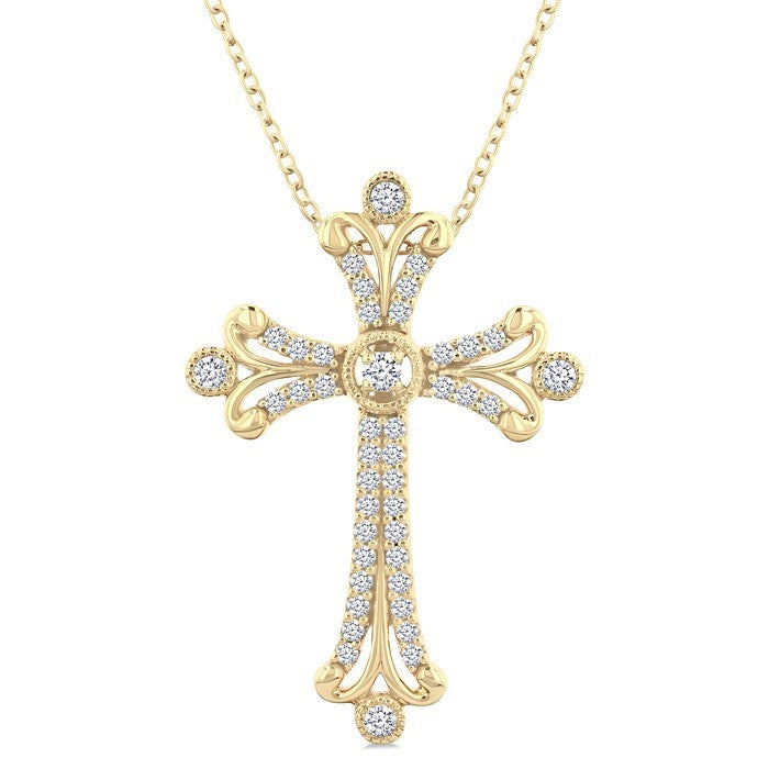 1/3 Ctw Cross Round Cut Diamond Fashion Pendant With Chain in 14K Yellow Gold