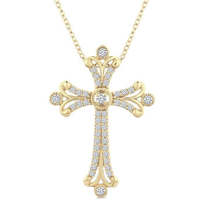 1/3 Ctw Cross Round Cut Diamond Fashion Pendant With Chain in 14K Yellow Gold