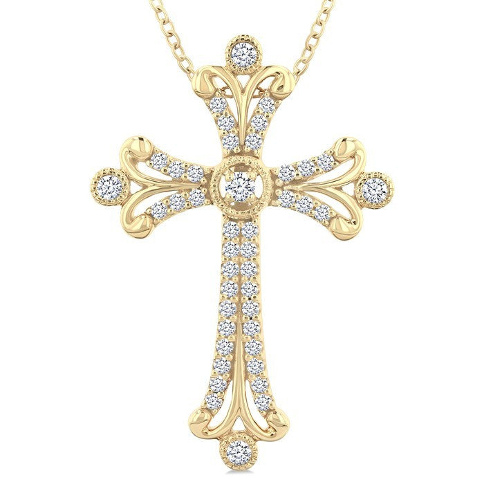 1/3 Ctw Cross Round Cut Diamond Fashion Pendant With Chain in 14K Yellow Gold