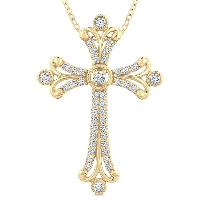 1/3 Ctw Cross Round Cut Diamond Fashion Pendant With Chain in 14K Yellow Gold