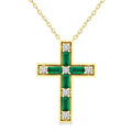 4X2 MM Baguette Cut Emerald and 1/5 Ctw Round Cut Diamond Cross Pendant With Chain in 14K Yellow Gold