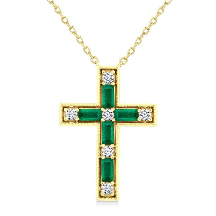 4X2 MM Baguette Cut Emerald and 1/5 Ctw Round Cut Diamond Cross Pendant With Chain in 14K Yellow Gold