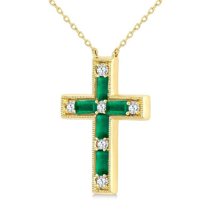 4X2 MM Baguette Cut Emerald and 1/5 Ctw Round Cut Diamond Cross Pendant With Chain in 14K Yellow Gold