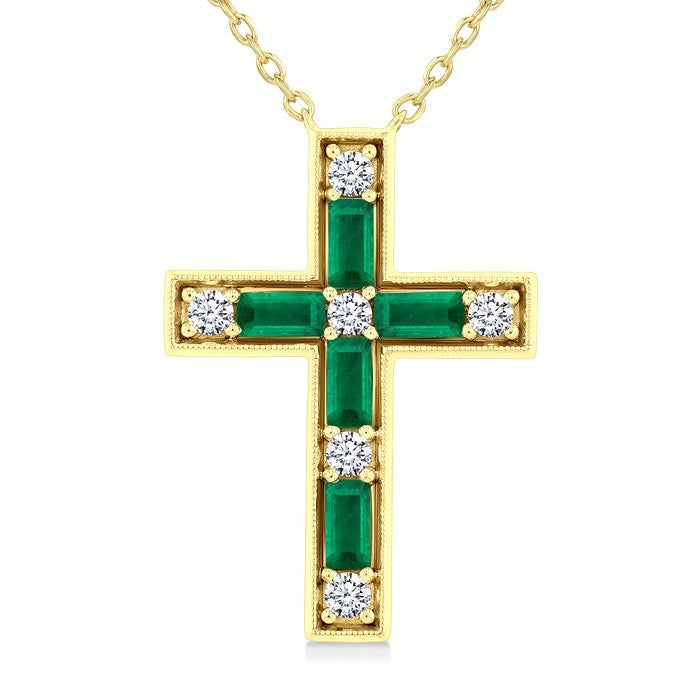 4X2 MM Baguette Cut Emerald and 1/5 Ctw Round Cut Diamond Cross Pendant With Chain in 14K Yellow Gold