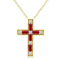 4X2 MM Baguette Cut Ruby and 1/5 Ctw Round Cut Diamond Cross Pendant With Chain in 14K Yellow Gold