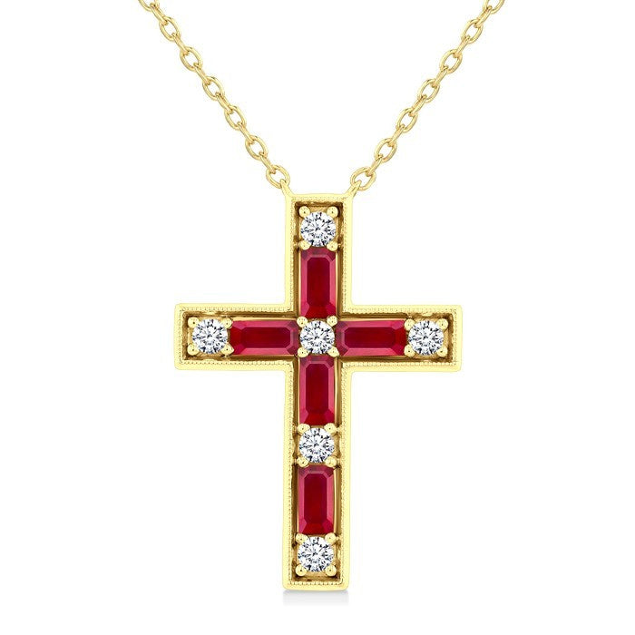 4X2 MM Baguette Cut Ruby and 1/5 Ctw Round Cut Diamond Cross Pendant With Chain in 14K Yellow Gold