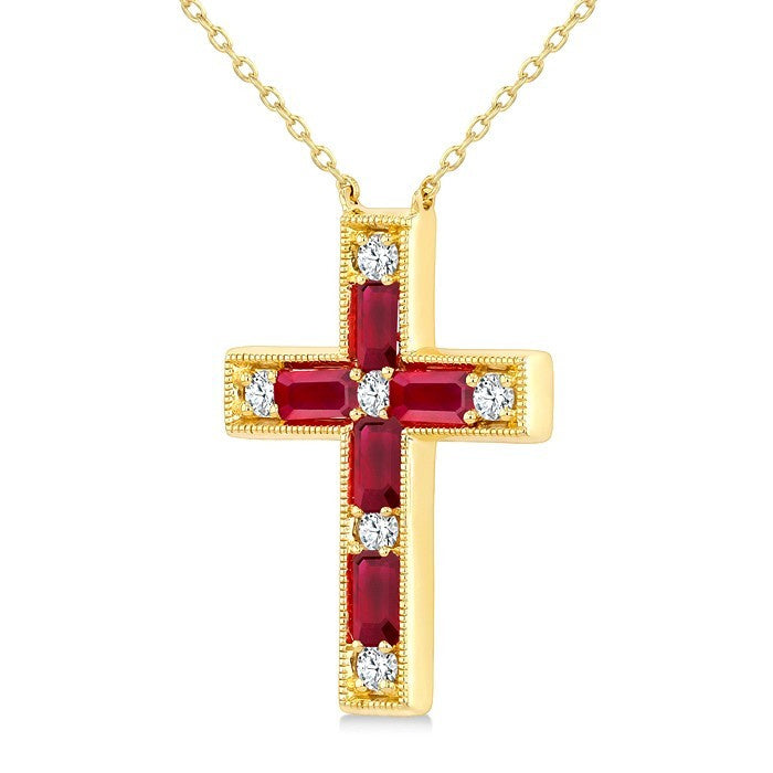 4X2 MM Baguette Cut Ruby and 1/5 Ctw Round Cut Diamond Cross Pendant With Chain in 14K Yellow Gold