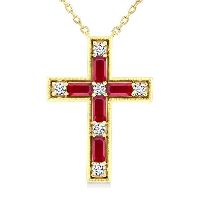 4X2 MM Baguette Cut Ruby and 1/5 Ctw Round Cut Diamond Cross Pendant With Chain in 14K Yellow Gold