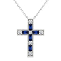 4X2 MM Baguette Cut Sapphire and 1/5 Ctw Round Cut Diamond Cross Pendant With Chain in 14K White Gold