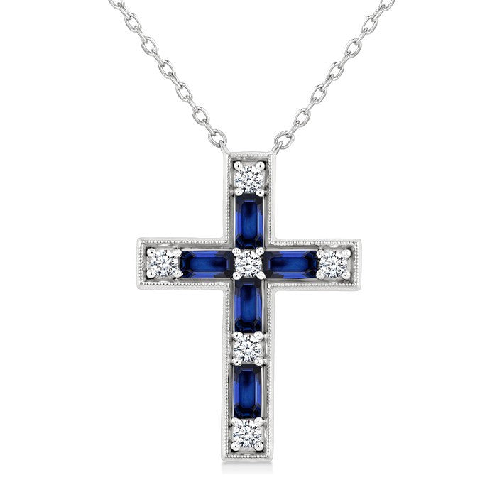 4X2 MM Baguette Cut Sapphire and 1/5 Ctw Round Cut Diamond Cross Pendant With Chain in 14K White Gold